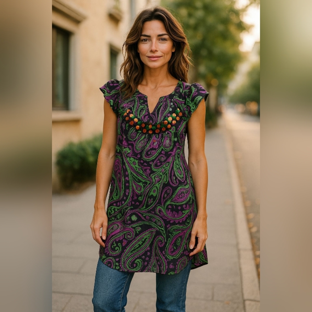 INTERNATIONAL CONCEPTS Paisley Print Women's Top - Purple and Green